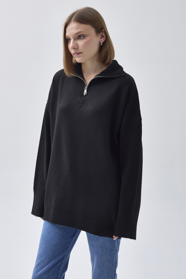 Zippered High-Neck Knit Sweater – Black - 4