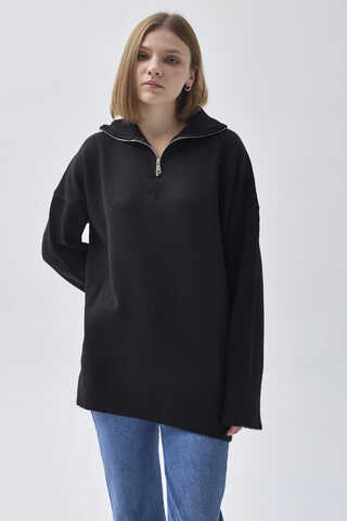 Zippered High-Neck Knit Sweater – Black - 5