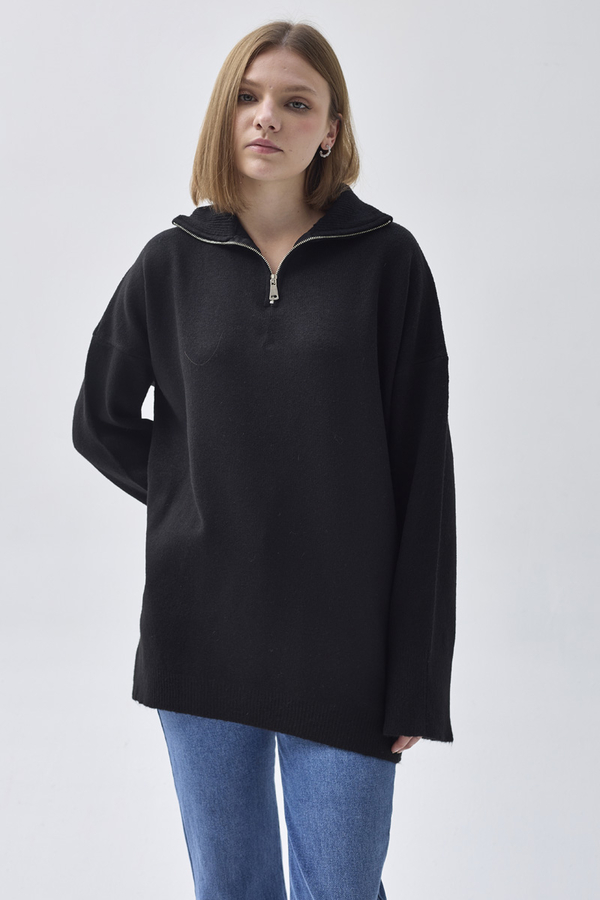 Zippered High-Neck Knit Sweater – Black - 5