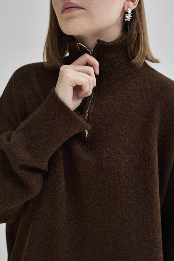 Zippered High-Neck Knit Sweater Brown - 1