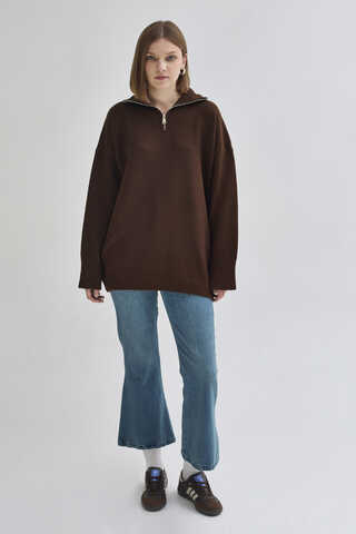 Zippered High-Neck Knit Sweater Brown - 2