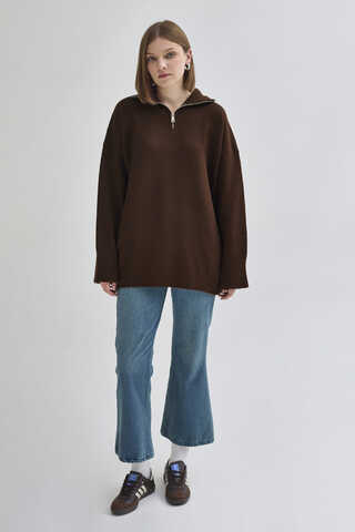 Zippered High-Neck Knit Sweater Brown - 3