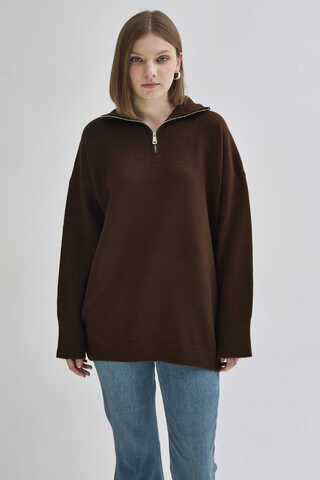 Zippered High-Neck Knit Sweater Brown - 4