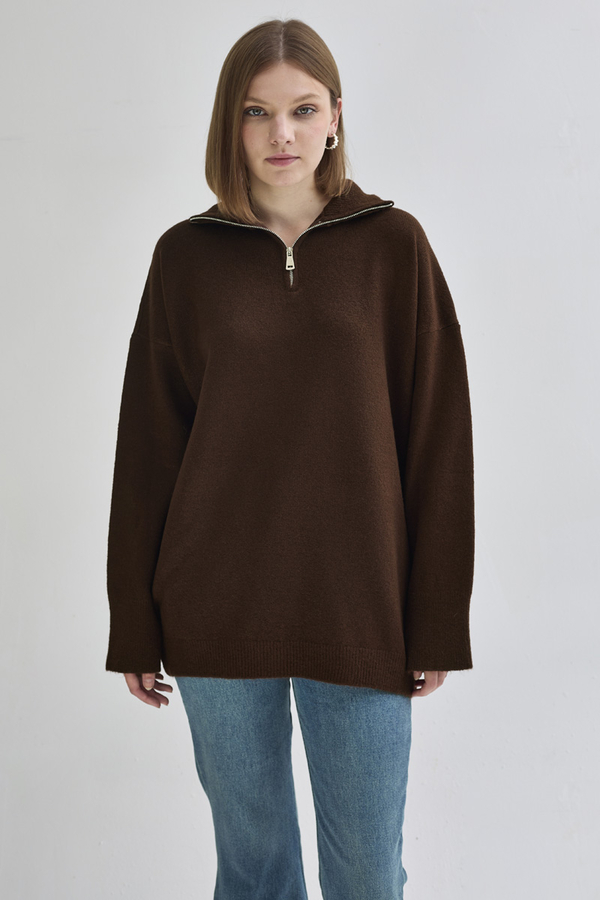 Zippered High-Neck Knit Sweater Brown - 4