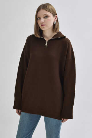 Zippered High-Neck Knit Sweater Brown - 5