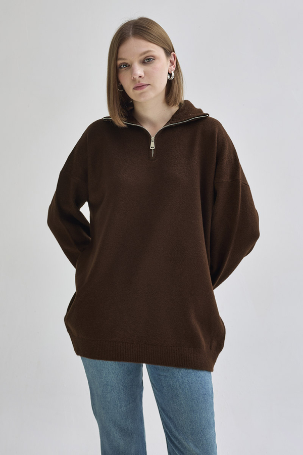 Zippered High-Neck Knit Sweater Brown - 6