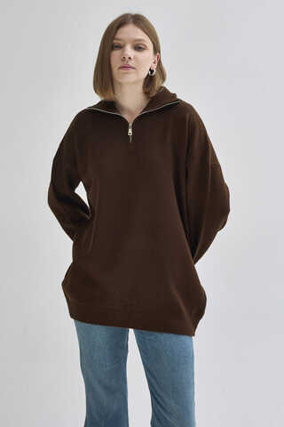 Zippered High-Neck Knit Sweater Brown - 7