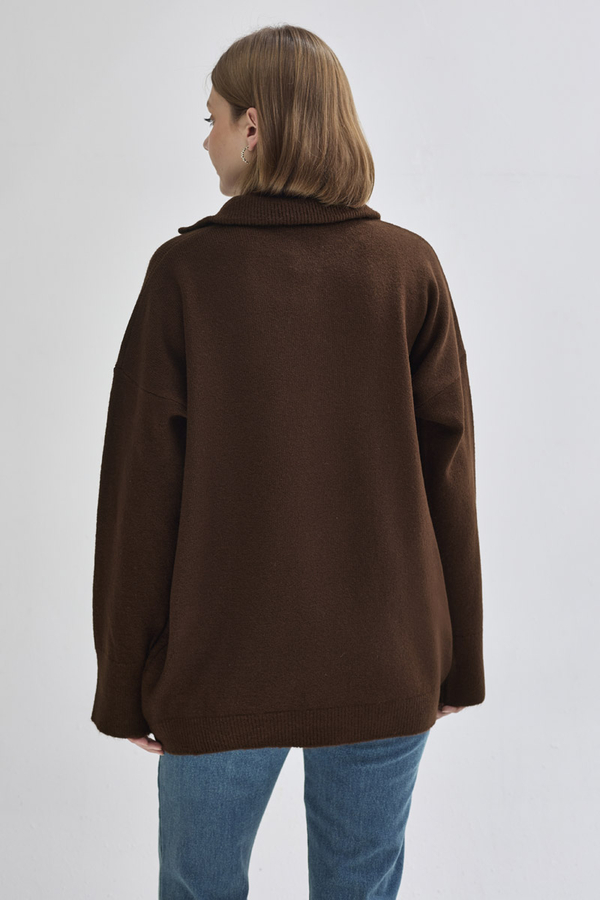 Zippered High-Neck Knit Sweater Brown - 8