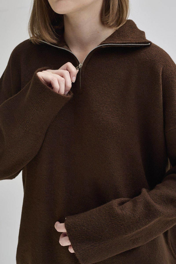 Zippered High-Neck Knit Sweater Brown - 9