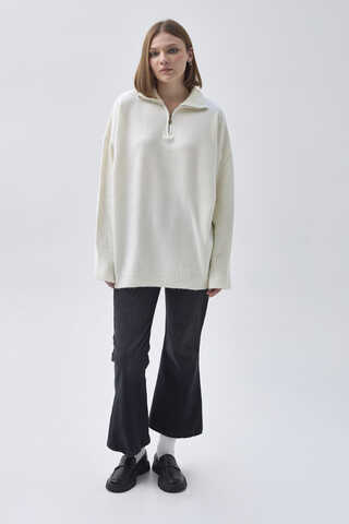 Zippered High-Neck Knit Sweater Ecru - 2
