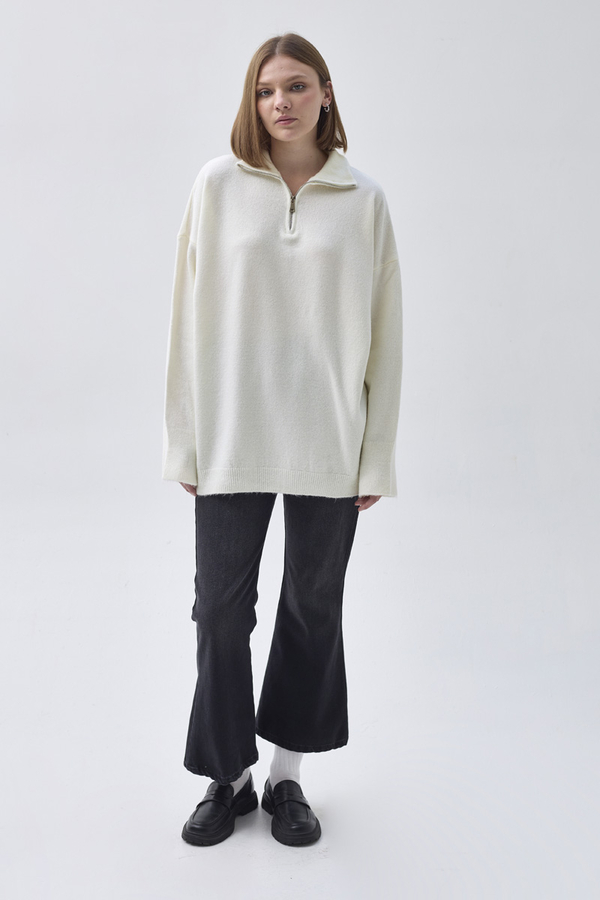 Zippered High-Neck Knit Sweater Ecru - 2