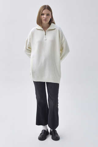 Zippered High-Neck Knit Sweater Ecru - 3
