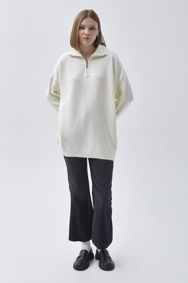 Zippered High-Neck Knit Sweater Ecru - 3