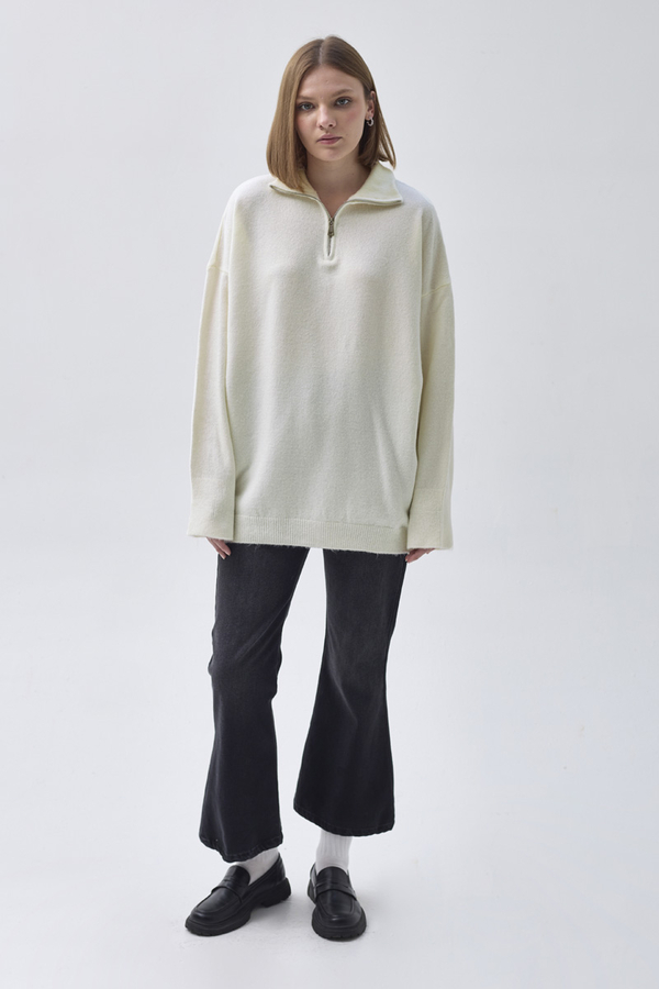 Zippered High-Neck Knit Sweater Ecru - 4