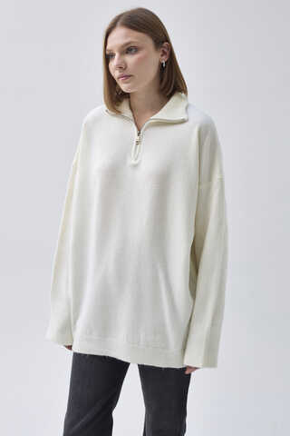 Zippered High-Neck Knit Sweater Ecru - 5