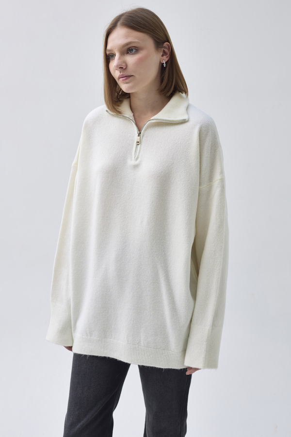 Zippered High-Neck Knit Sweater Ecru - 5