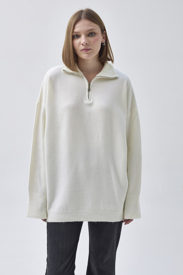 Zippered High-Neck Knit Sweater Ecru - 1