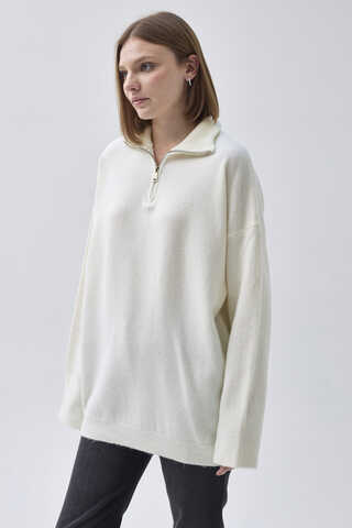 Zippered High-Neck Knit Sweater Ecru - 6