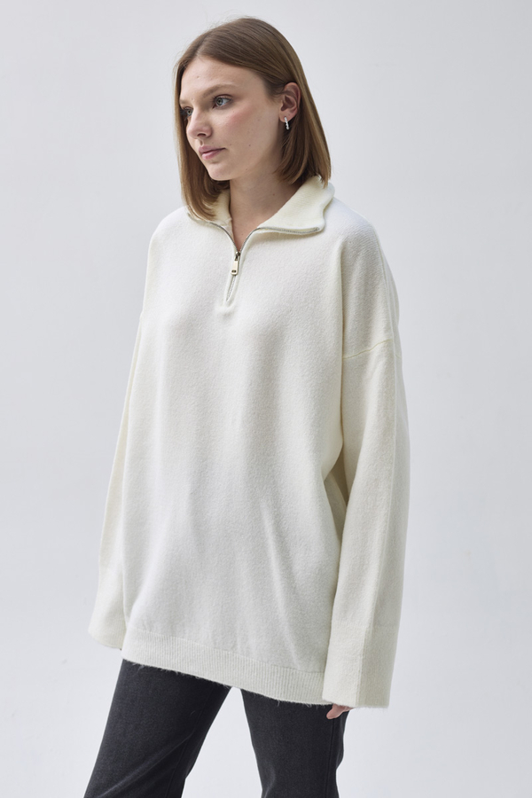 Zippered High-Neck Knit Sweater Ecru - 6