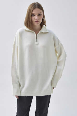 Zippered High-Neck Knit Sweater Ecru - 7