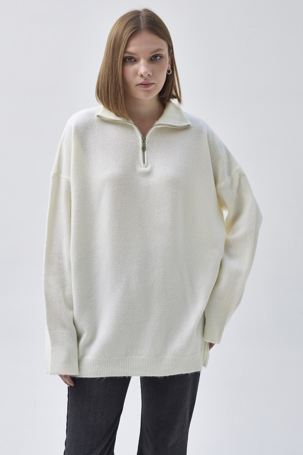 Zippered High-Neck Knit Sweater Ecru - 7