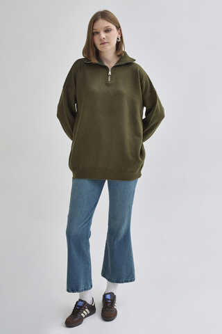 Zippered High-Neck Knit Sweater Khaki - 8