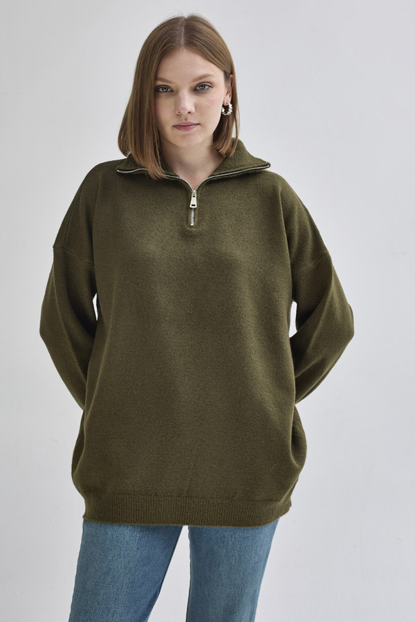 Zippered High-Neck Knit Sweater Khaki - 7