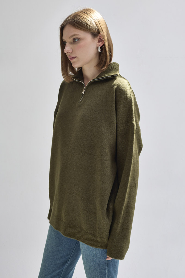 Zippered High-Neck Knit Sweater Khaki - 9