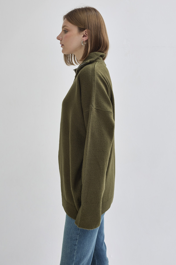 Zippered High-Neck Knit Sweater Khaki - 10