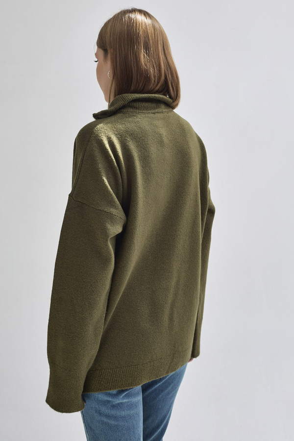 Zippered High-Neck Knit Sweater Khaki - 12