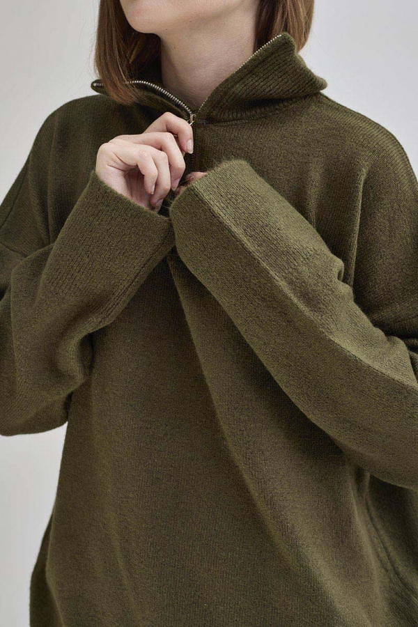 Zippered High-Neck Knit Sweater Khaki - 11