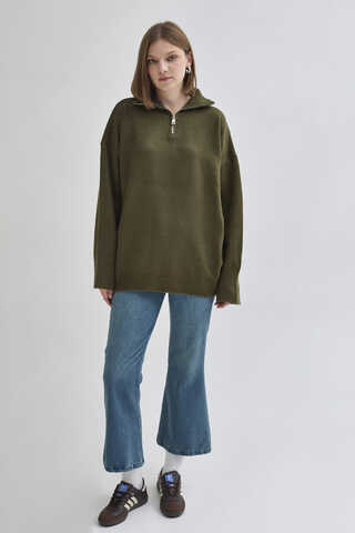Zippered High-Neck Knit Sweater Khaki - 6