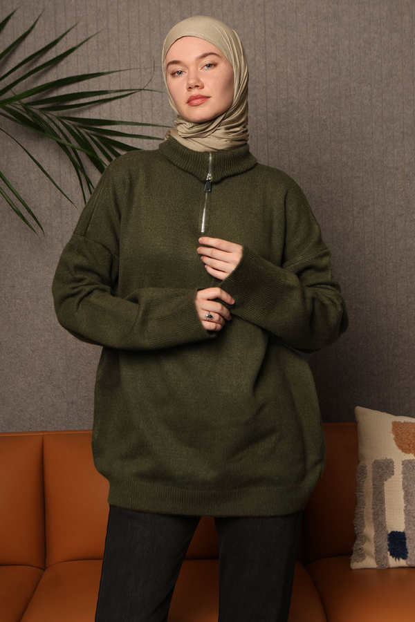 Zippered High-Neck Knit Sweater Khaki - 2