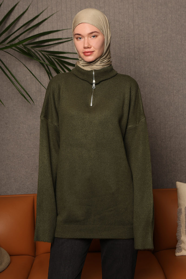 Zippered High-Neck Knit Sweater Khaki 