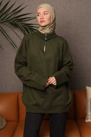 Zippered High-Neck Knit Sweater Khaki - 4