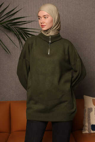 Zippered High-Neck Knit Sweater Khaki - 3