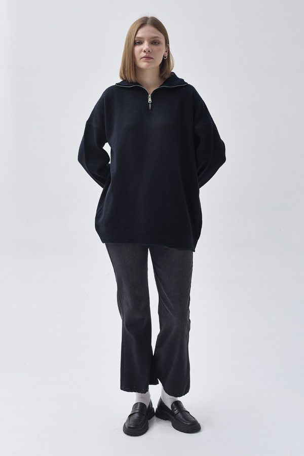 Zippered High-Neck Knit Sweater Navy Blue - 5