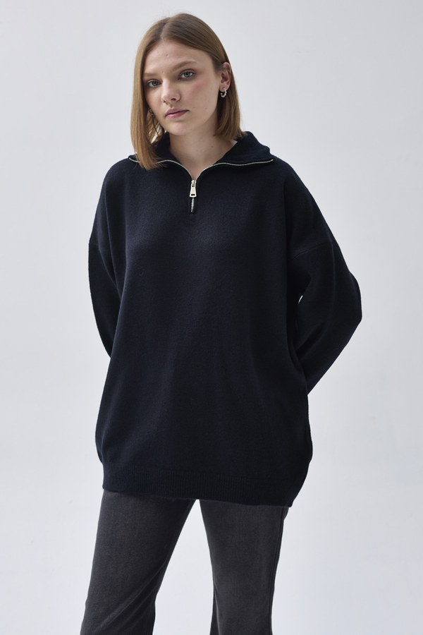 Zippered High-Neck Knit Sweater Navy Blue - 6