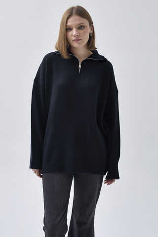 Zippered High-Neck Knit Sweater Navy Blue - 7