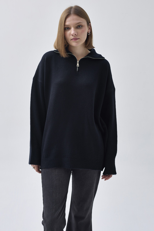 Zippered High-Neck Knit Sweater Navy Blue - 7