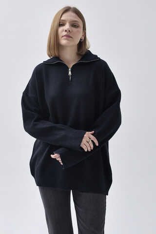 Zippered High-Neck Knit Sweater Navy Blue - 4