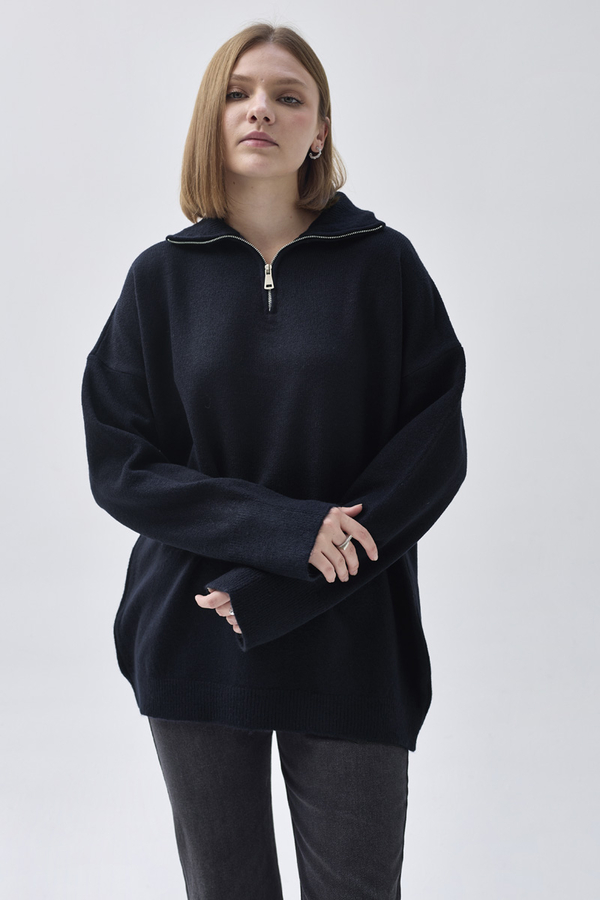 Zippered High-Neck Knit Sweater Navy Blue - 4