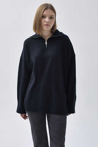 Zippered High-Neck Knit Sweater Navy Blue - 1