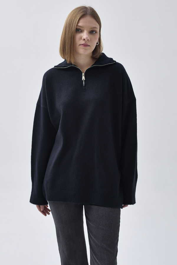 Zippered High-Neck Knit Sweater Navy Blue - 1