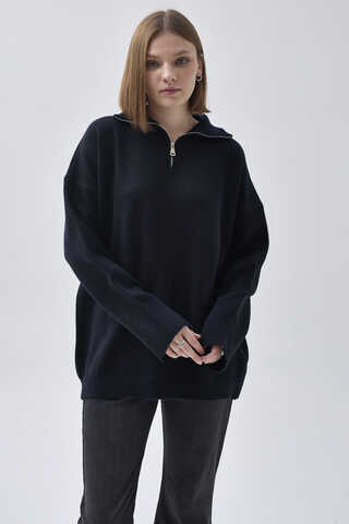 Zippered High-Neck Knit Sweater Navy Blue - 3