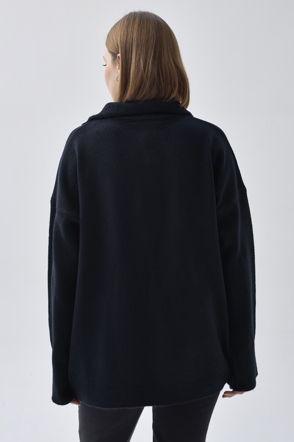 Zippered High-Neck Knit Sweater Navy Blue - 8